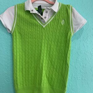 Lauren Ralph Lauren womens S Petite Lime Green Cable Knit Vest White Polo Y2K